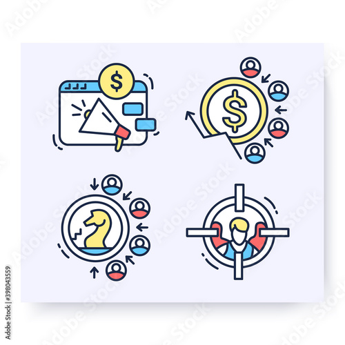 Color set of customer attraction icons. Customer acquisition. Client attraction strategy, cost, target. Guide steps to acquire buyers. Isolated linear vector business illustrations