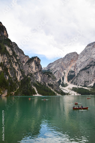 The Prager Wildsee or Lake Prags, Lake Braises in the Dolomites in South Tyrol, Italy.
