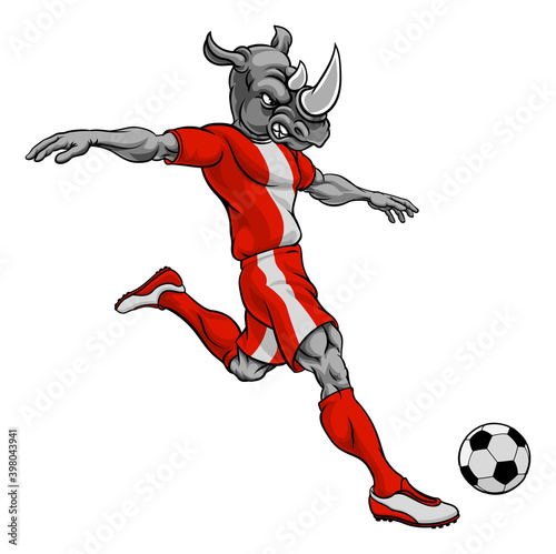 A rhino soccer football player cartoon animal sports mascot kicking the ball photo