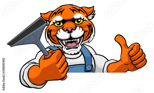 A tiger cartoon mascot car or window cleaner holding a squeegee tool peeking round a sign and giving a thumbs up