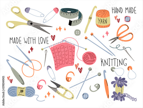 Knitting set. The concept of needlework and knitting. Scissors, needles, hooks, yarn, thread, needle, pin, tape measure. Hand-drawn illustration on a white background.