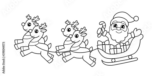 Santa Claus flying in sleigh with gifts and reindeer. Christmas and New Year illustration. Black and white vector illustration for coloring book