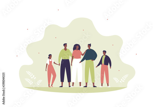 Happy family character concept. Vector flat male and female people illustration. Couple of african american mother and father with son and daughter kid together. Man and woman parent person.