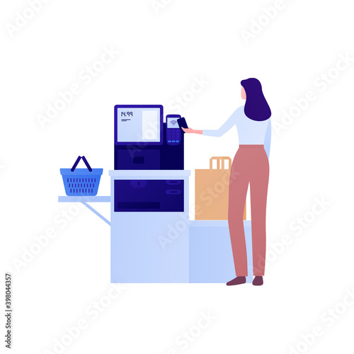 Self checkout grocery kiosk and contactless payment concept. Vector flat character illustration. Woman customer person pay by smart phone in self-service supermarket. Design for ad, web banner.