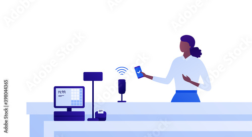 Self checkout grocery kiosk and contactless payment concept. Vector flat character illustration. African american female person pay by smartphone in supermarket. Design for ad, web banner.