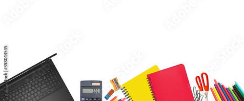 School supplies items. Bottom border on a white background. Back to school during concept with copy space