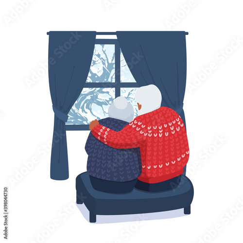 Senior adult couple looking through the window. The elderly man and woman hugging. Winter season. Old people in love. View from the back. A vector cartoon illustration.