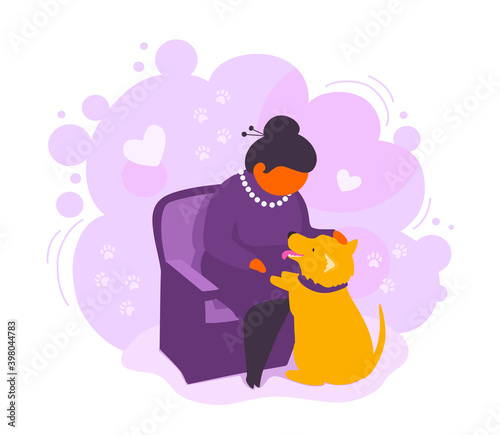 A senior adult woman stroking her dog. Elegant retired lady loves her pet. An elderly puppy owner sitting in an armchair. A vector cartoon illustration.
