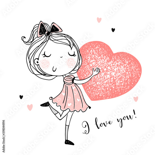 A sweet girl with a big heart in her hands. You're my Valentine. Vector