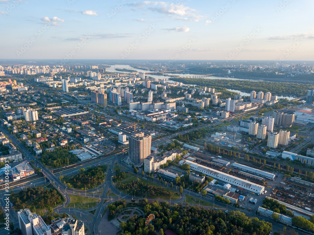 Obraz premium Aerial drone view. Residential buildings in Kiev. Summer sunny day.