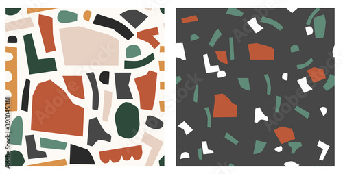 Abstract cut out vector pattern. Terrazzo seamless background. Trendy geometric print set.