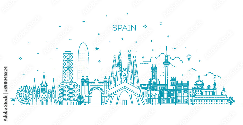 Spain cityscape, spanish travel city vector banner. Urban silhouette
