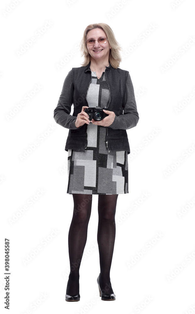 attractive young woman with a photo camera . isolated on a white attractive young woman with a photo camera . isolated on a white