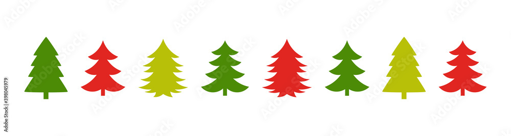 Christmas trees red and green icons border.