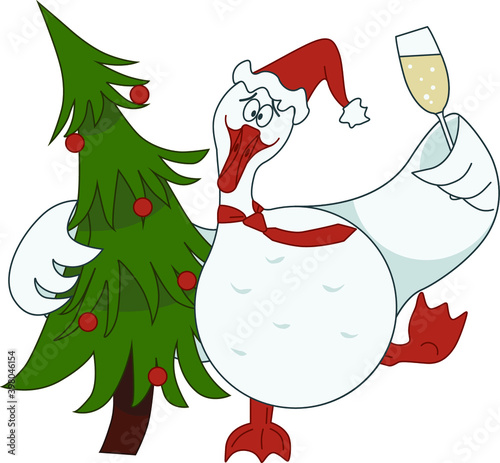 Funny goose in cartoon style. Vector illustration without background. Sticker with a picture of a goose hugging a Christmas tree and holding a glass of champagne. Drawing for the New Year holidays