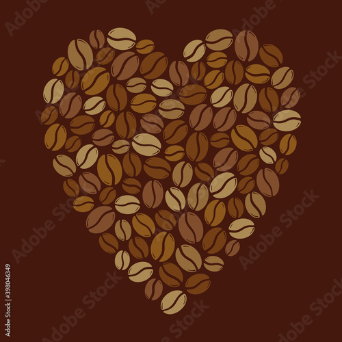 Group of roasted coffee beans forming a heart