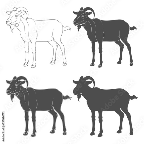 Set of black and white illustrations with a goat. Isolated vector objects on a white background.