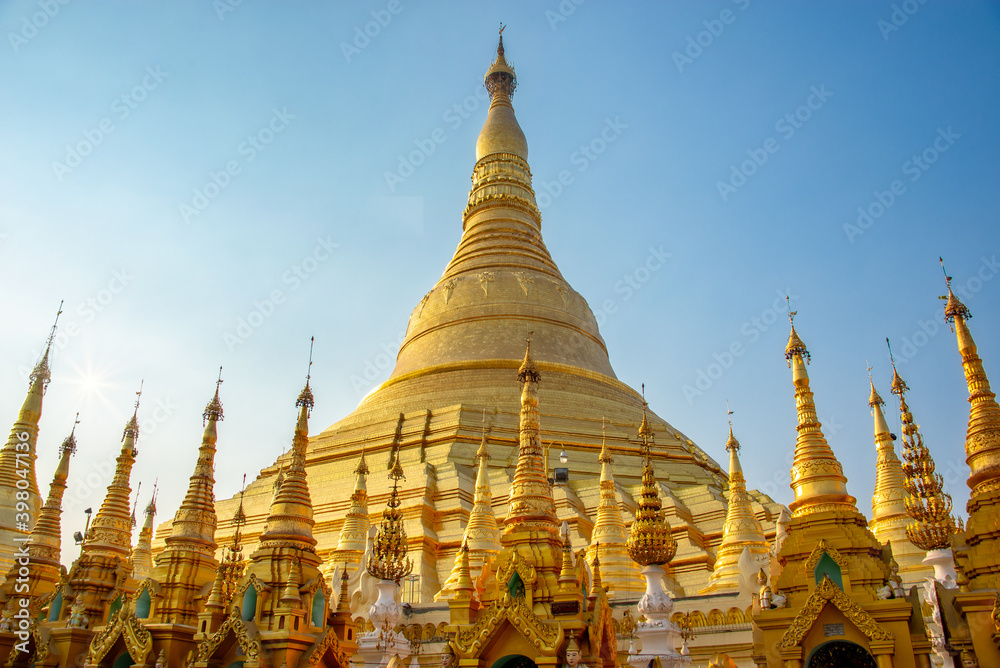 Naklejka premium Golden main stupa of Shwedagon pagoda, in Yangon Burma Myanmar