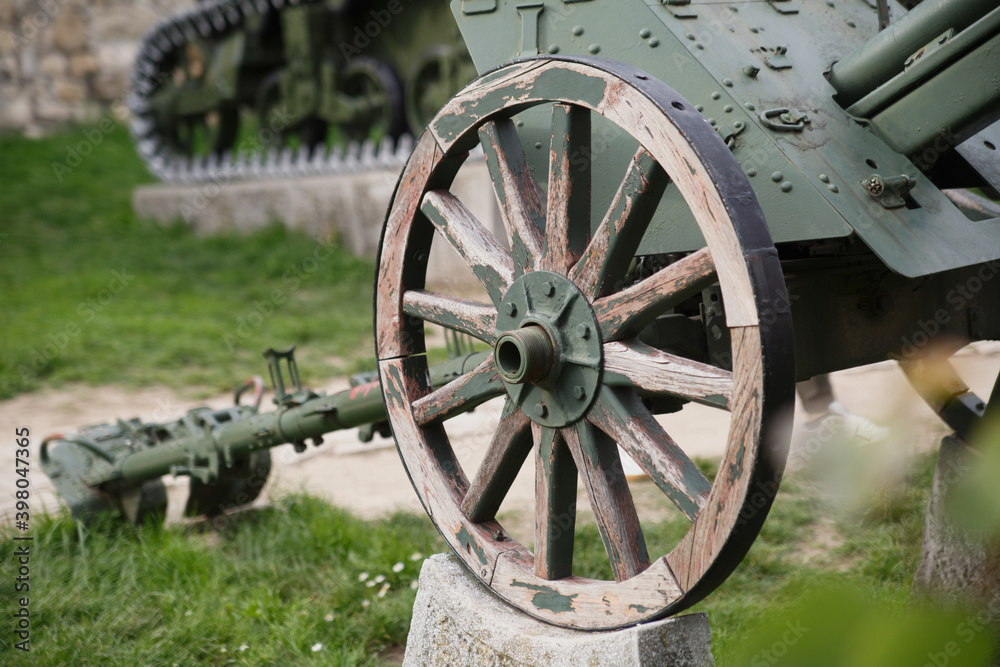 Fragment of an artillery piece on display at the open-air museum of military equipment in Belgrade, Serbia.