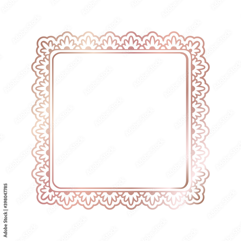 Rose golden shiny glowing ornate frame isolated over white