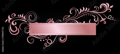 Rose golden shiny glowing ornate frame isolated over black