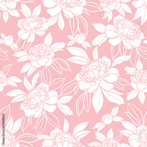 Pastel pink and white peony seamless repeat pattern vector