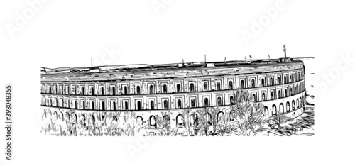 Building view with landmark of Nuremberg is the
city of Germany. Hand drawn sketch illustration in vector.