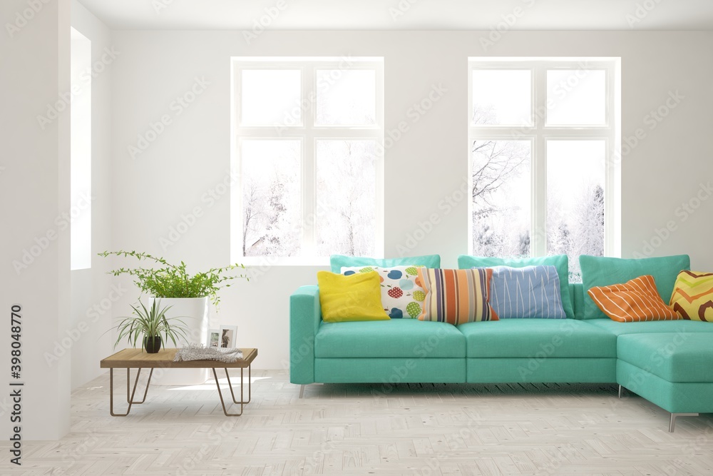 Fototapeta premium White living room with sofa. Scandinavian interior design. 3D illustration