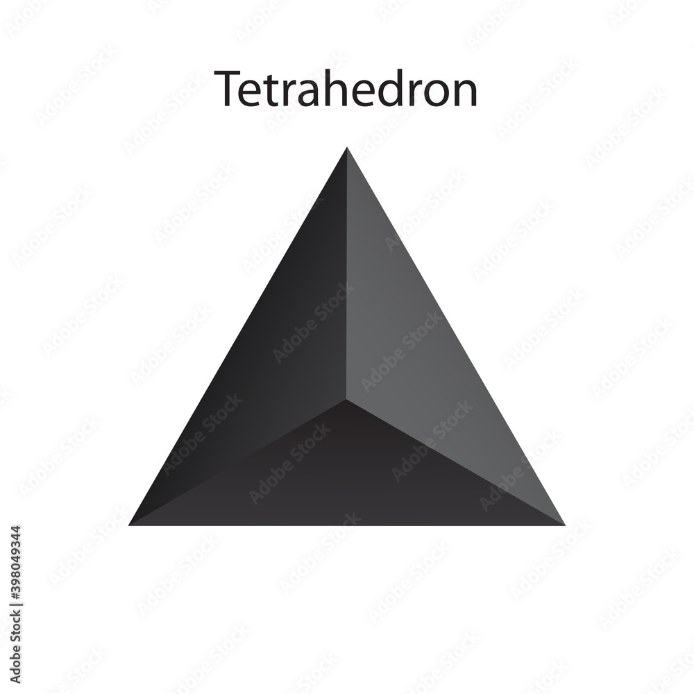 Vector black tetrahedron with gradients for game, icon, packaging design or logo. One of regular polyhedra isolated on white background. Minimalist style. Platonic solid. Vector black tetrahedron with gradients for game, icon, packaging design or logo. One of regular polyhedra isolated on white background. Minimalist style. Platonic solid.