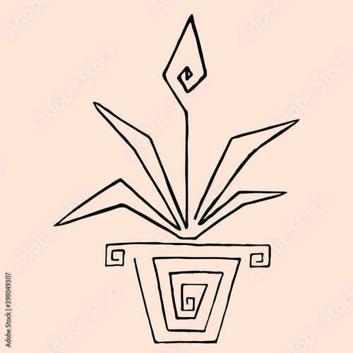 Conceptual drawing of a house plant, Doodle Spathiphyllum. Schematic image of a potted plant. Design image of a flower for textiles. Icon for a website. Hand drawing in vector