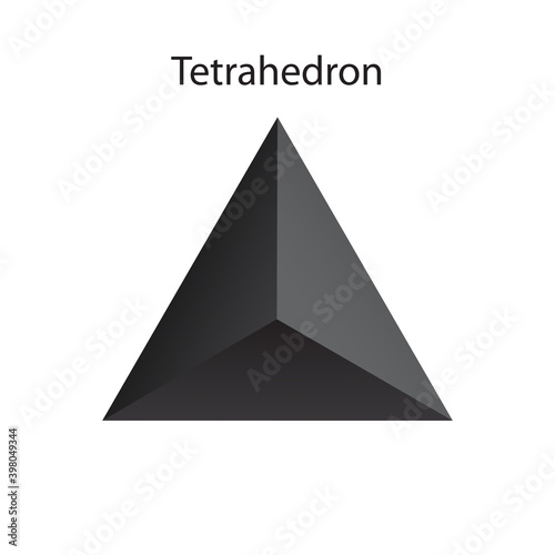 Vector black tetrahedron with gradients for game, icon, packaging design or logo. One of regular polyhedra isolated on white background. Minimalist style. Platonic solid.