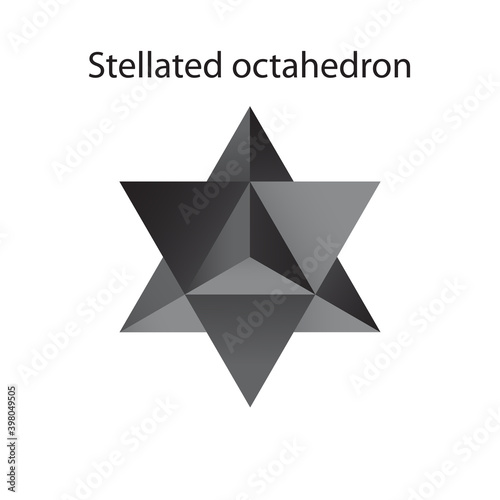 Vector black Stellated Octahedron, also called Stella octangula, and Polyhedra Hexagon, geometric polyhedral compounds on a white background with a gradient for game, icon, packaging design or logo. photo
