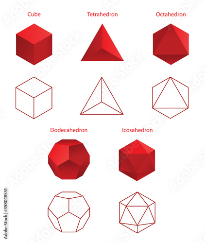 Set Vector editable stroke platonic solids on white background.