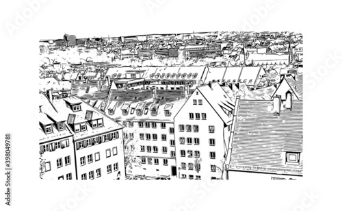 Building view with landmark of Nuremberg is the
city of Germany. Hand drawn sketch illustration in vector.