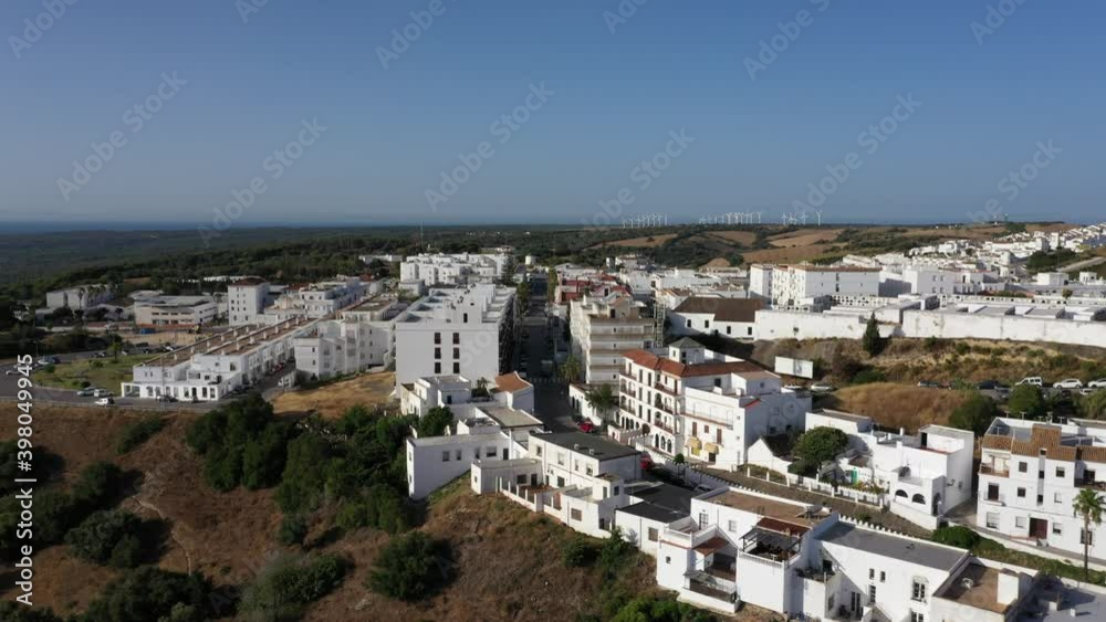 Aerial view of streets and buildings of Vejer de la Frontera, a beautiful white town in south Spain