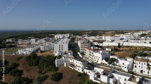 Aerial view of streets and buildings of Vejer de la Frontera, a beautiful white town in south Spain