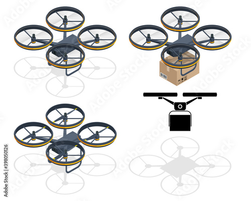 Isometric Drone Delivery. Quadcopter carrying a package to customer. Delivery of a cardboard box drone by air isolated on white background.