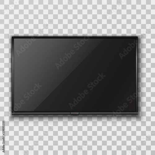 3d realistic vector black screen TV hanging on the wall, transparent background.