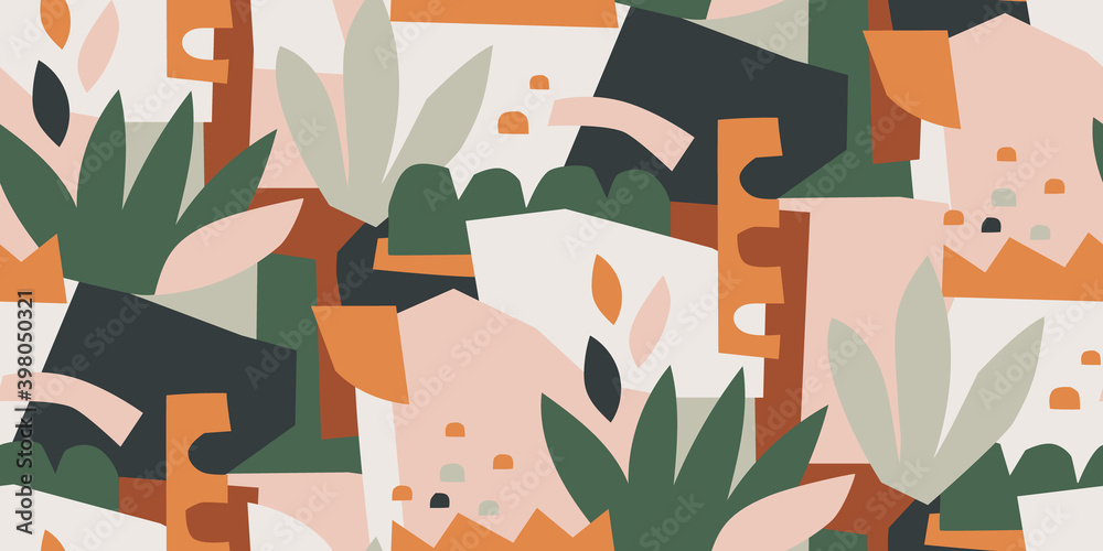 Abstract tropical vector pattern with cut out shapes. Modern geometric background in earth tones. Trendy collage seamless Abstract tropical vector pattern with cut out shapes. Modern geometric background in earth tones. Trendy collage seamless