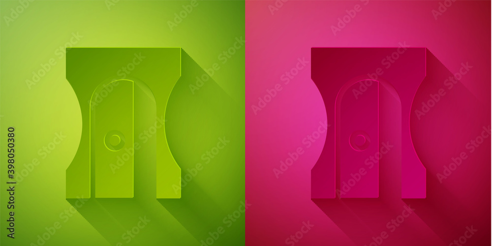 Paper cut Pencil sharpener icon isolated on green and pink background. Paper art style. Vector Illustration. Paper cut Pencil sharpener icon isolated on green and pink background. Paper art style. Vector Illustration.