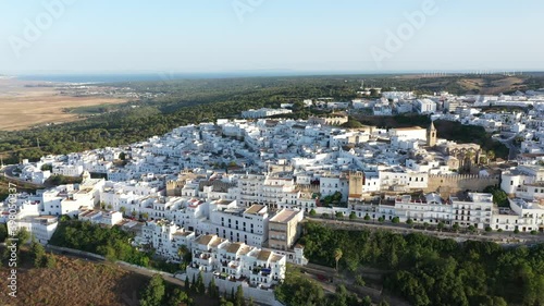 Panoramic aerial views of white Andalusian town Vejer de la Frontera in south Spain on top of a mountain