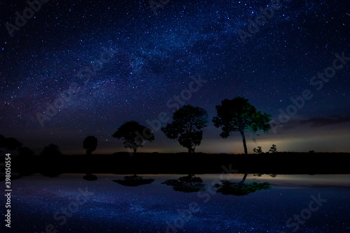 Panorama blue night sky milky way and stars. with blur shadow..