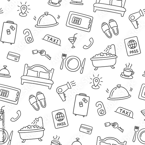 Hotel services hand drawn pattern. Vector illustration in doodle style on white background