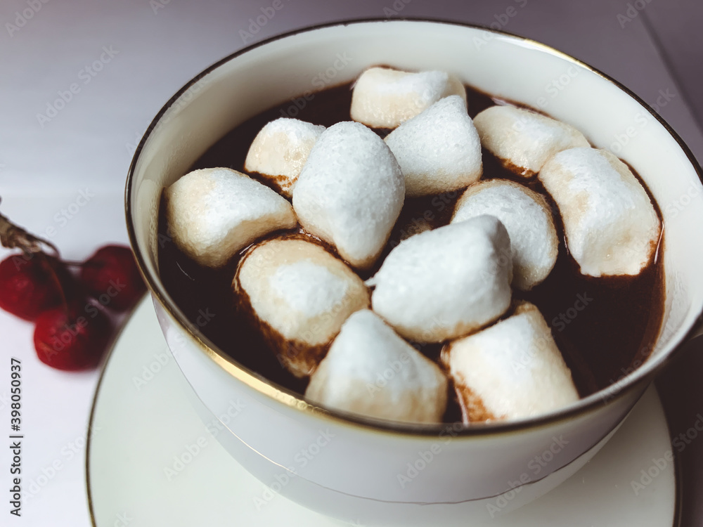 Chocolate with marshmallows in the cup, white background Chocolate with marshmallows in the cup, white background