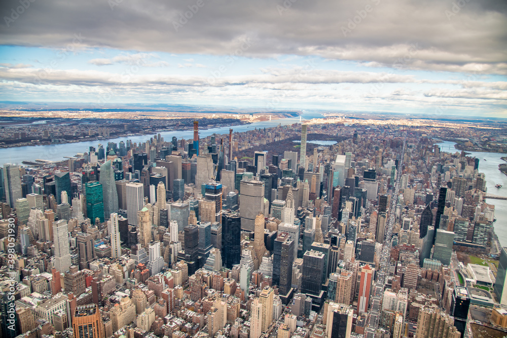 NEW YORK CITY - DECEMBER 2, 2018: Aerial view of Midtown Manhattan skyline from helicopter