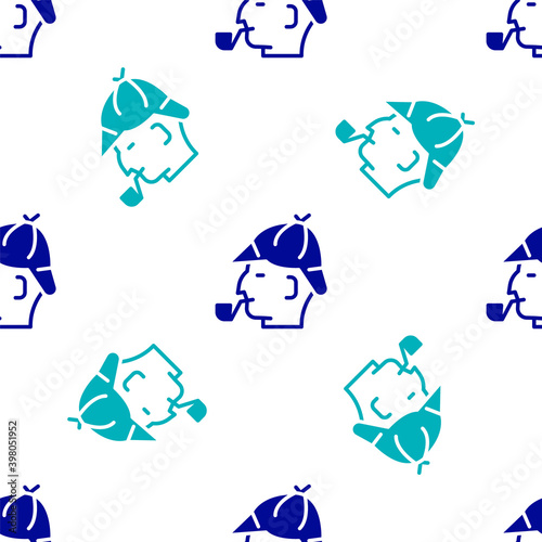 Blue Sherlock Holmes with smoking pipe icon isolated seamless pattern on white background. Detective. Vector.