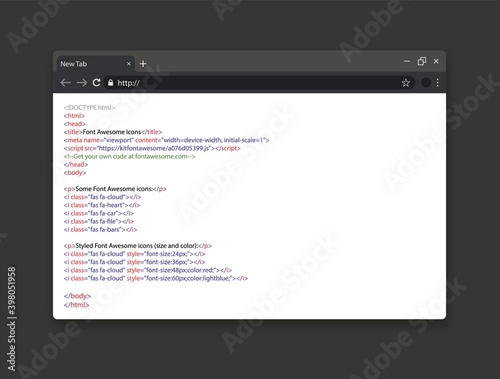 Realistic browser window with css code. Simple html code on web page. Script coding or programming website. Vector