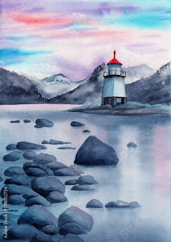 Watercolor illustration of an evening landscape with a lighthouse, a rocky seashore, range of mountains and sunset sky