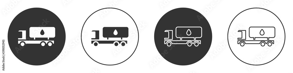 Black Tanker truck icon isolated on white background. Petroleum tanker, petrol truck, cistern, oil trailer. Circle button. Vector.