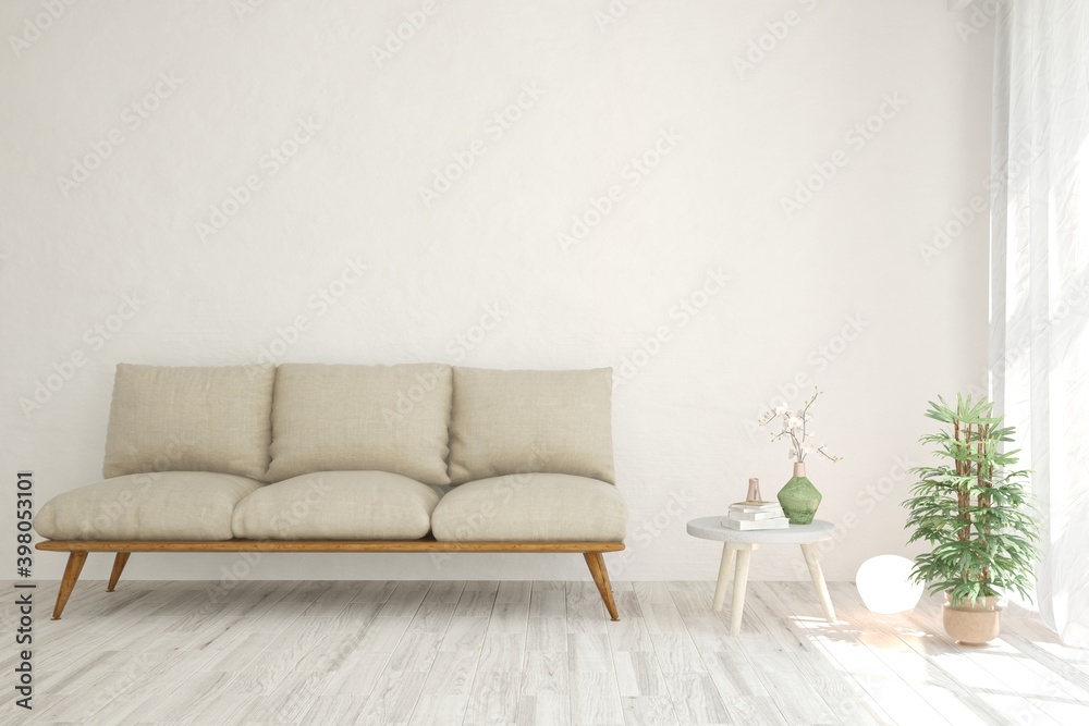 White living room with sofa. Scandinavian interior design. 3D illustration White living room with sofa. Scandinavian interior design. 3D illustration